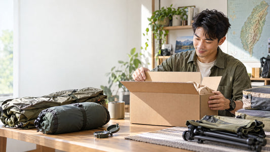 露營愛好者在無品牌包裹、折疊帳篷布料、睡袋與露營椅旁確認商品資訊