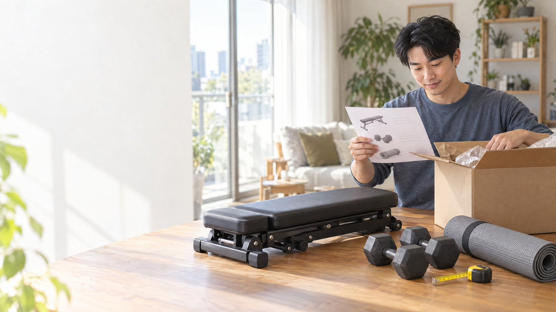居家健身愛好者在無品牌紙箱、折疊重訓椅、啞鈴與瑜珈墊旁核對商品規格